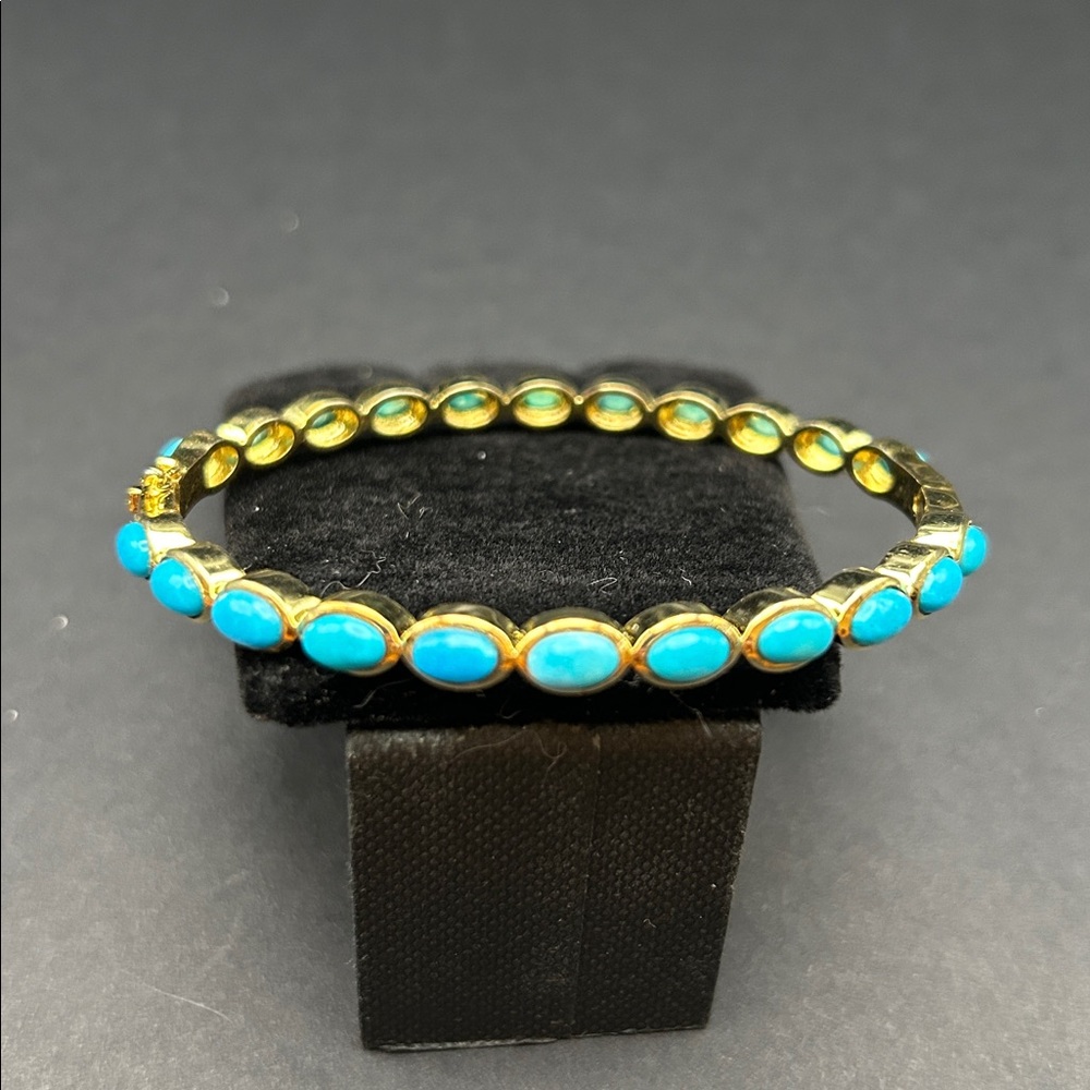 Turquoise and Gold Hinged Bangle Bracelet